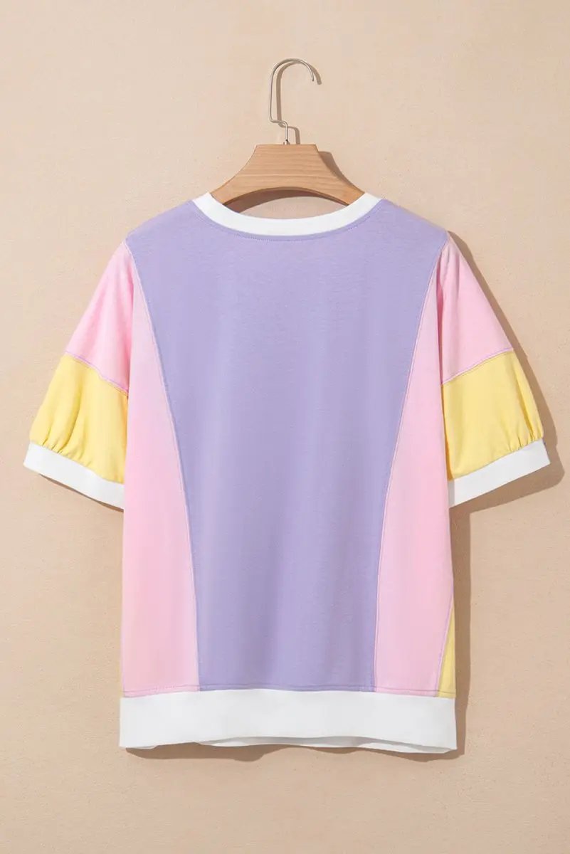 Purple Color Block Patchwork Half Sleeve Oversized T Shirt - Love Salve